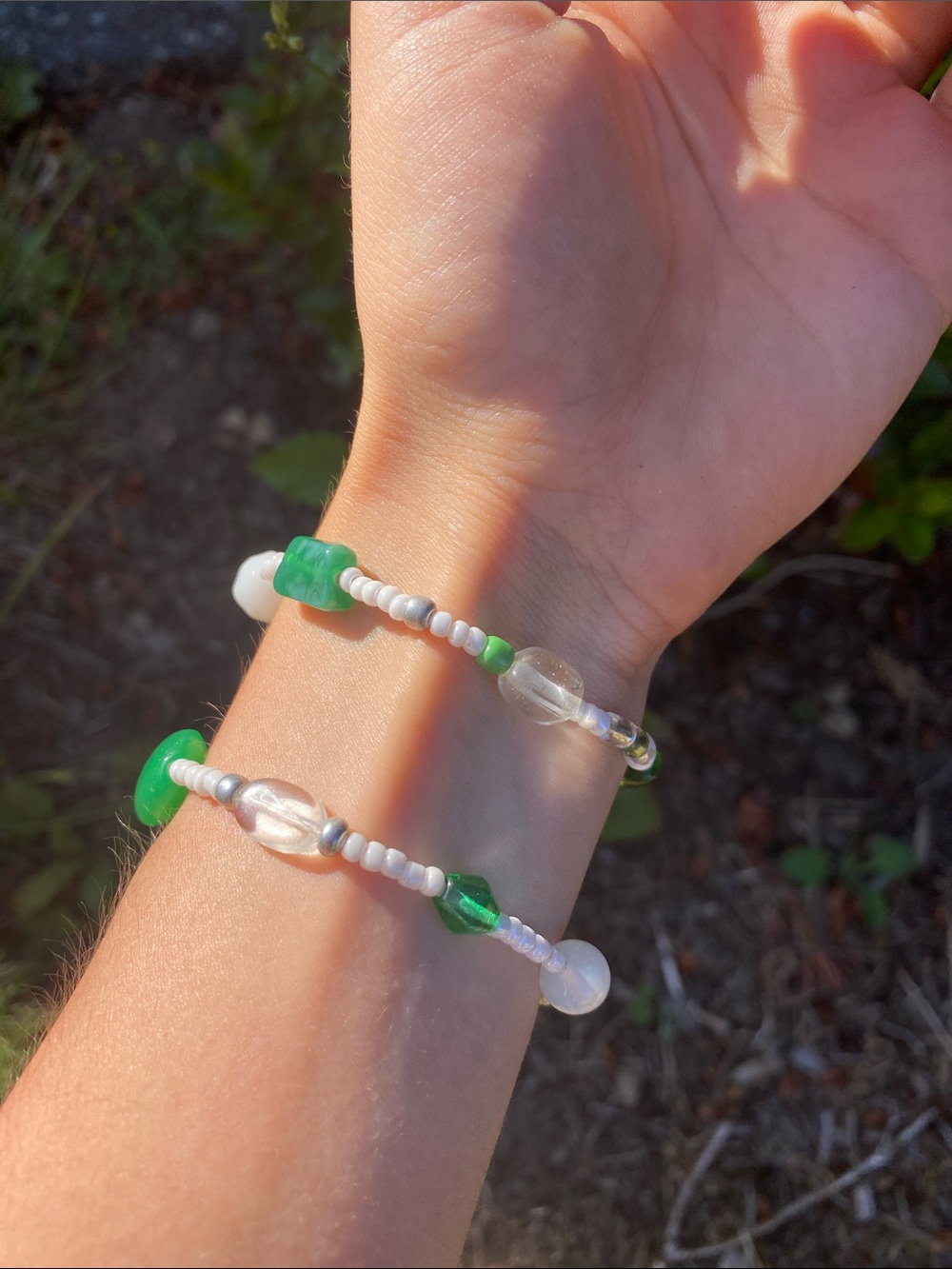 Handmade Green and White Beaded Stretch Bracelet Set